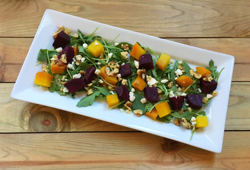 Beet, Walnut, and Blue Cheese over Arugula Salad | Recipes | Audrey Laurelton RDN | Where Science Me